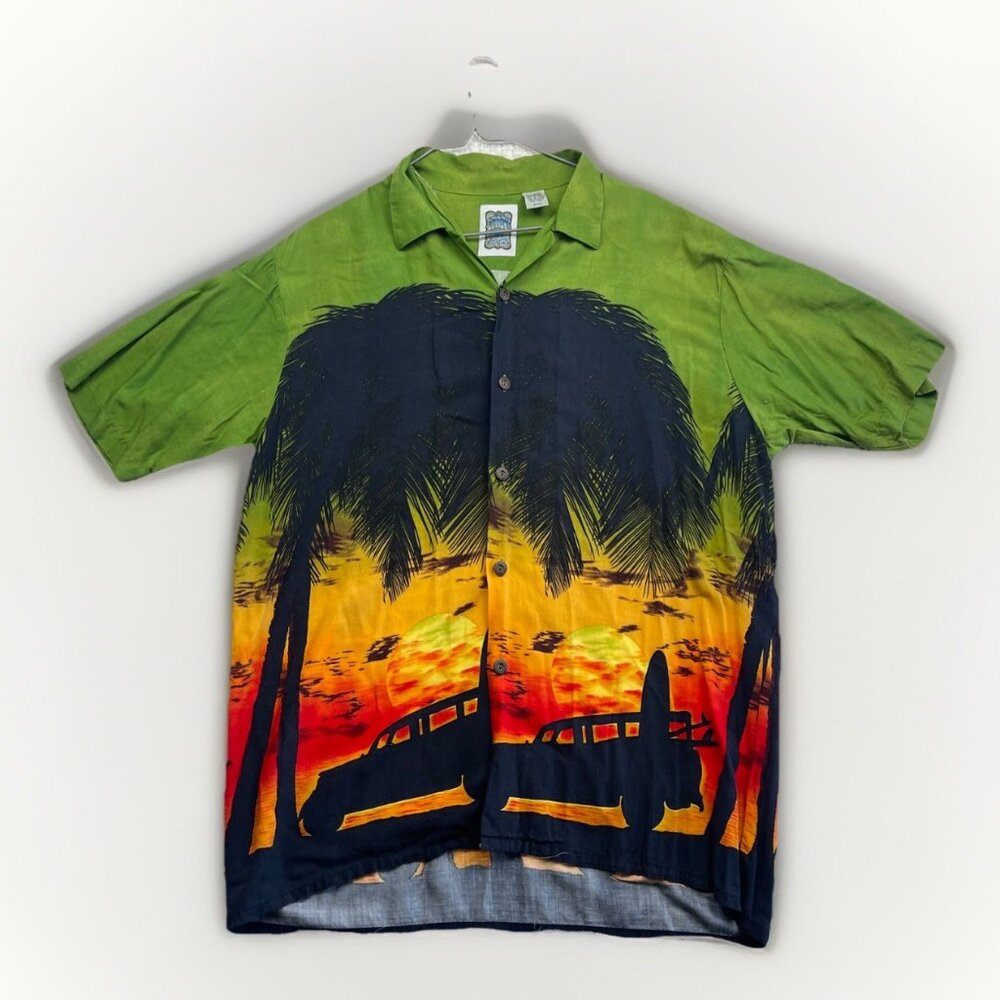 Vintage Ocean Current Hawaiian Shirt Sun set Beach Scene Surf Palm tree Sz M